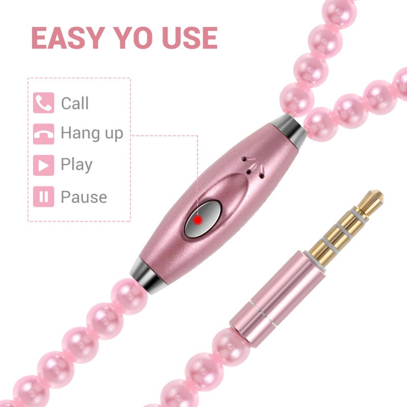 UKCOCO Pink Pearl Earbuds Wired in-Ear Headphones with Mic and Remote Universal Hands-Free Earphone for Women Students Travel Gym - Image 4